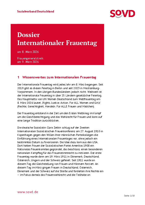 Titelseite SoVD-Dossier zum Internationalen Frauentag 2026