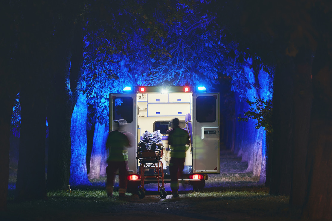 Krankenwagen fährt durch einen dunklen Wald. 